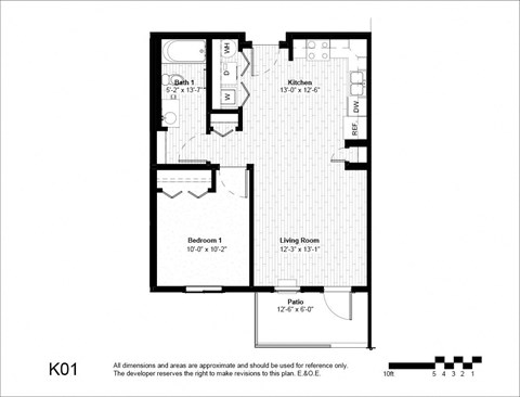 Floor plan for 1 bed, 1 bath, 935 sqft
